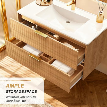 30 Inch Bathroom Vanity with Sink, Modern Floating Bathroom Vanity with Resin Sink, 2 Large Storage Darwers, Wood Grain Texture Wall Mounted Vanity, Gold Handles