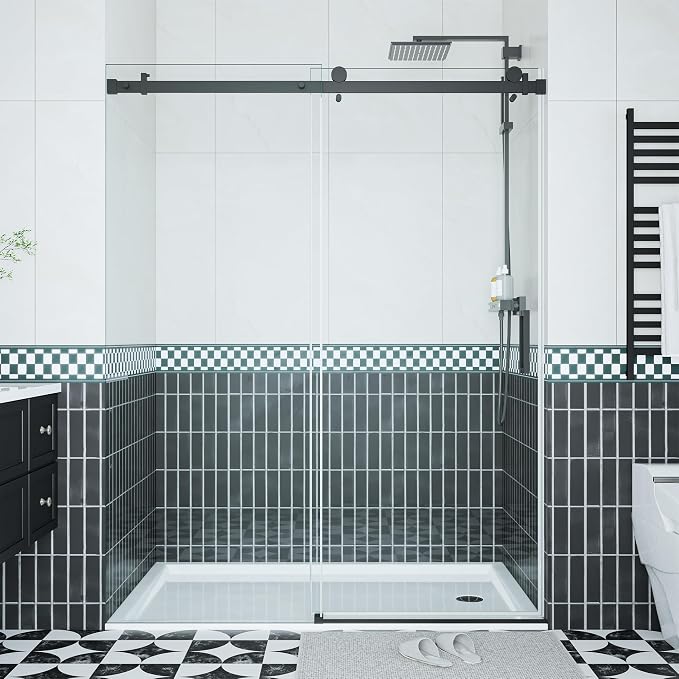 GarveeLife Frameless Glass Shower Door 44-48”W×76”H, Sliding Shower Door with Square Stainless Steel Rail, 8mm Tempered Glass, Matte Black Bathroom Door