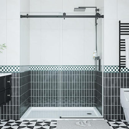 GarveeLife Frameless Glass Shower Door 44-48”W×76”H, Sliding Shower Door with Square Stainless Steel Rail, 8mm Tempered Glass, Matte Black Bathroom Door