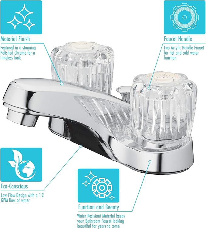 Aqua Vista 10-B421-AV Two Handle Bathroom Sink Faucet, Polished Chrome with Acrylic Round Knobs