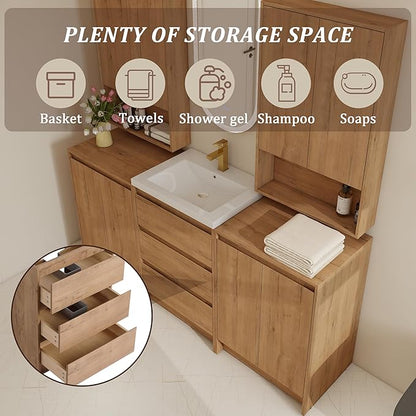 72" Bathroom Vanity Set, 72 Inch Modern Freestanding Vanity with 3 Drawers and 2 Wall-Mounted Side Cabinet, Soft Closing Doors, Single Resin Sink Floor Stand Cabinet Set Imitative Oak