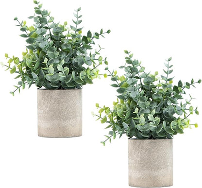 Coferset 2 Pack Small Fake Plants Eucalyptus Potted,Sage Green | Small Space Artificial Plants for Bathroom Shelf Office Desk Home Farmhouse Room Coffee Table Tray Decor