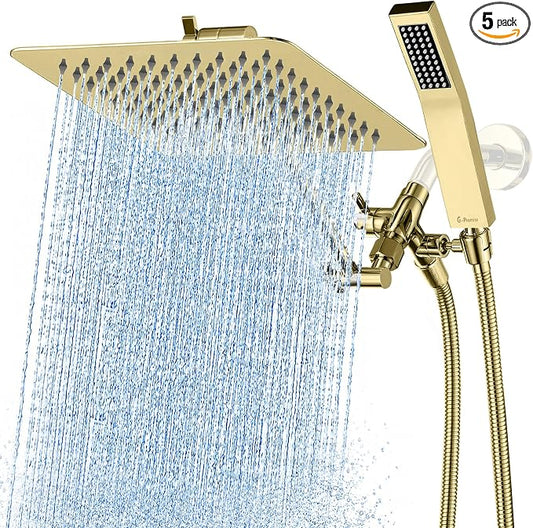 G-Promise All Metal 10" Dual Square Shower Head Combo | Rain Shower Head | Handheld Shower Wand | Adjustable | 3-Way Diverter | 71" Extra Long Hose - A Bathroom Upgrade (Polished Brass) | Built to Last, Easy Install, Adjustable Height & Angle for All H...
