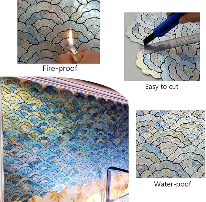 XUANINY Peel and Stick Metal Backsplash Tiles, Printing Blue, 11-Pack | Self Adhesive, Cloud-shaped Aluminum Mosaic, 3D Wall Sticker, For Kitchen Bathroom Living Room Decor