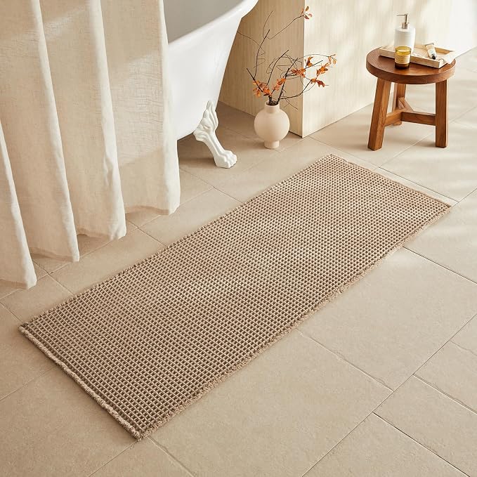 TYUU Waffle Runner Rug Bathroom, Long Boho Bath Mat, 60x24 Beige | Super Absorbent Quick Dry Bath Rug, Non-Slip Backing, Soft Waffle Washable Farmhouse Bathroom Mats, Tub, Shower & Home Decor