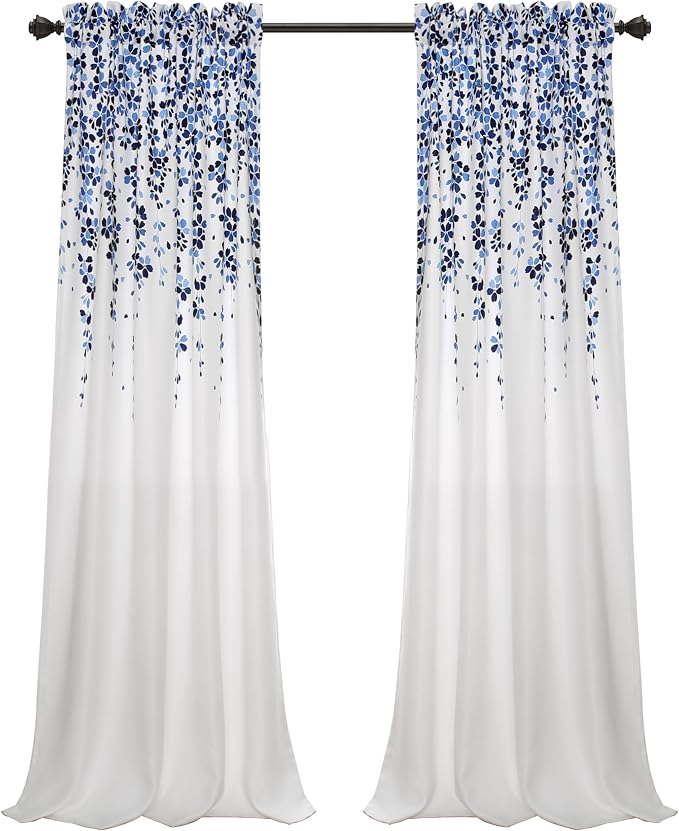 Lush Decor Weeping Flower Light Filtering Window Curtain Panels, Pair, 52"W x 84"L + 2" Header, Navy & Blue - Charming Modern Floral Curtains for Living Room, Dining Room, & Bedroom