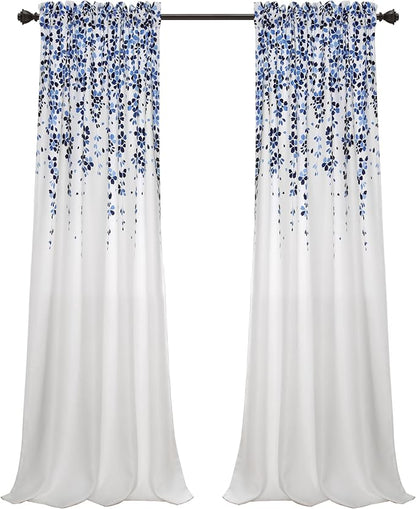 Lush Decor Weeping Flower Light Filtering Window Curtain Panels, Pair, 52"W x 84"L + 2" Header, Navy & Blue - Charming Modern Floral Curtains for Living Room, Dining Room, & Bedroom