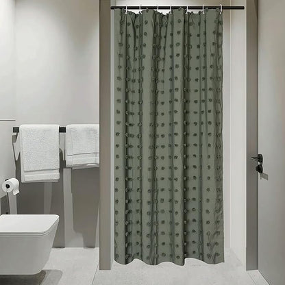 Small Stall Green Boho Shower Curtain Woven Fabric Cute Shower Curtain, 36 x 72 Tufted Pleat Floral Textured Modern Farmhouse Minimalist Shower Curtain Set with Hooks for Bathroom