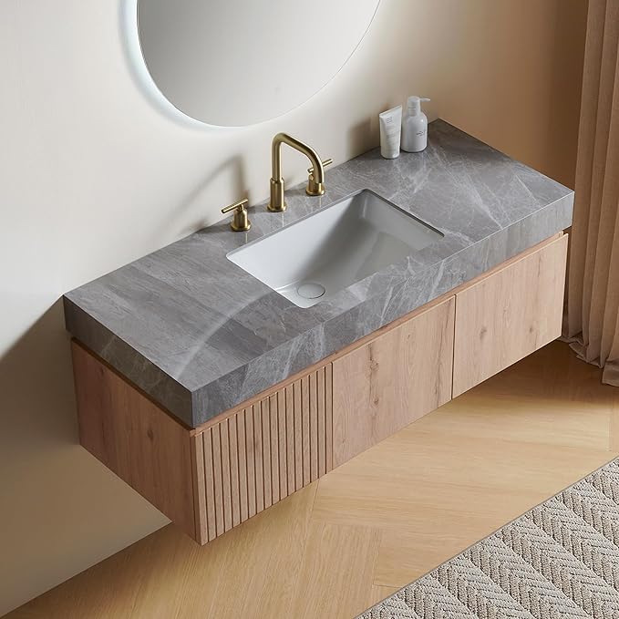 48” Floating Bathroom Vanity with Sink, Wall-Mounted Cabinet with Drawer & Doors, Gray Travertine-Pattern Sintered Stone Top, Undermount Basin, 3 Faucet Hole, Soft-Close, Pre-Assembled, Light Oak
