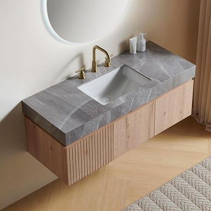 48” Floating Bathroom Vanity with Sink, Wall-Mounted Cabinet with Drawer & Doors, Gray Travertine-Pattern Sintered Stone Top, Undermount Basin, 3 Faucet Hole, Soft-Close, Pre-Assembled, Light Oak