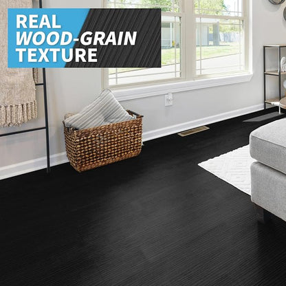 Art3d 12-Pack 18 Sq.ft Peel and Stick Floor Tiles Vinyl Plank Flooring Wood Look, Adhesive and Waterproof Tile Sticker for Bedroom, Living Room, Kitchen, RV in Black
