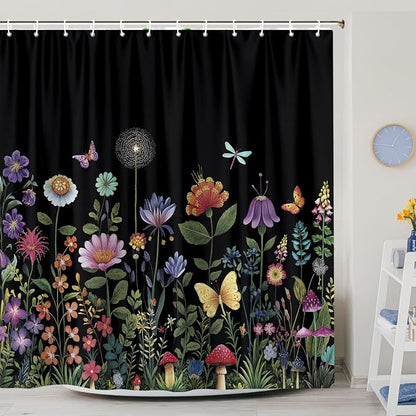 Black Floral Shower Curtain, Cute Colorful Wildflower Aesthetic Shower Curtain for Bathroom, Dark Flowers Rustic Farmhouse Botanical Vintage Shower Curtains with Hooks 72X72 Inch Gothic Witchy Plant