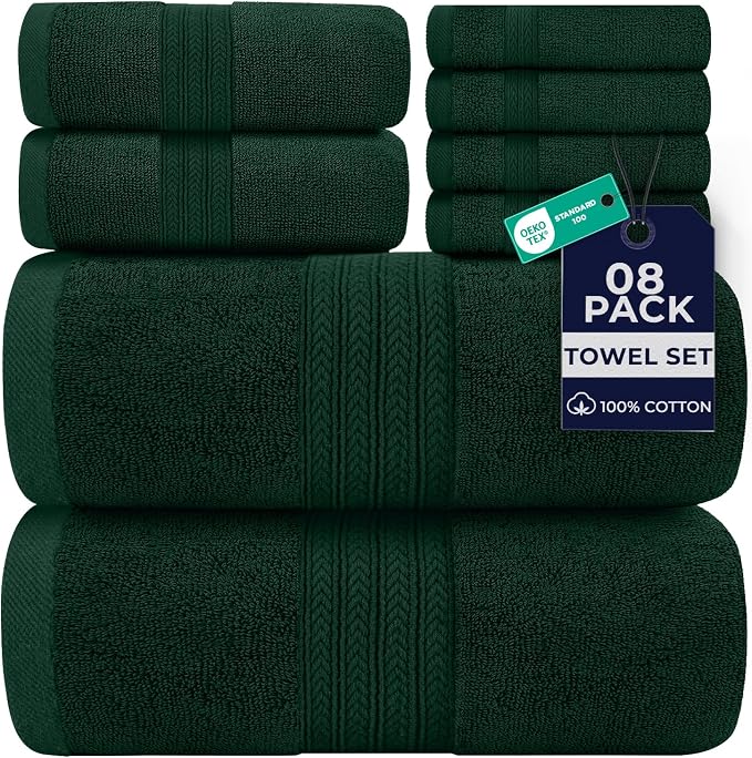 DAN RIVER 8 Piece Luxury Bath Towels for Bathroom, Towel Set, Hunter Green | 2 Bath towels, 2 Hand towels, and 4 Wash Cloths, 600 GSM 100% Ring Spun Cotton, Highly Absorbent, Gym, Hotel, guest, and Spa