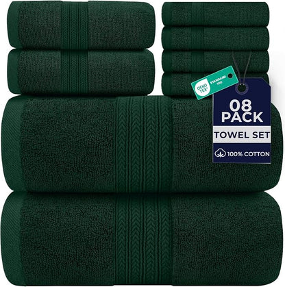 DAN RIVER 8 Piece Luxury Bath Towels for Bathroom, Towel Set, Hunter Green | 2 Bath towels, 2 Hand towels, and 4 Wash Cloths, 600 GSM 100% Ring Spun Cotton, Highly Absorbent, Gym, Hotel, guest, and Spa