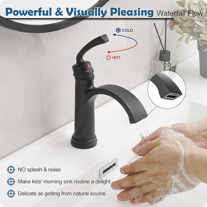 Black Waterfall Bathroom Faucet 1 Hole, Brass Bathroom Sink Faucets 4 Inch 3 Hole Single Handle with Pop-up Drain, Pre-Installed cUPC Water Hose, Deck Plate for Vanity, Farmhouse, Lavatory