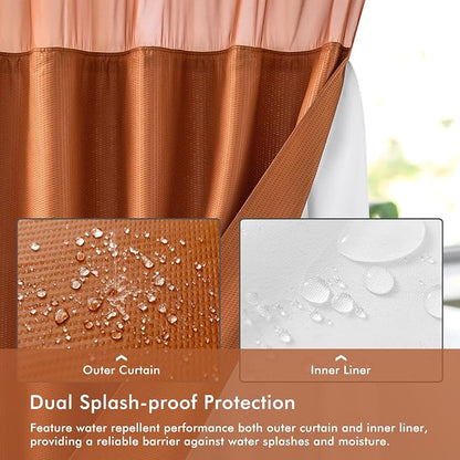 No Hook Shower Curtain with Snap-in Liner 71x74, Terracotta | Embossed Waffle-Look Textured, Sheer Window, Soft & Lightweight, Water Repellent Clay Fabric Shower Curtain for Bathroom