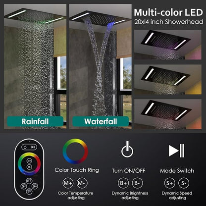 Matte Black LED Spa Shower System Rainfall Waterfall with Handheld | 20x14-Inch Luxury 2 Modes Showerhead with Ligh t Remote Control, 3 Way Mixer Valve