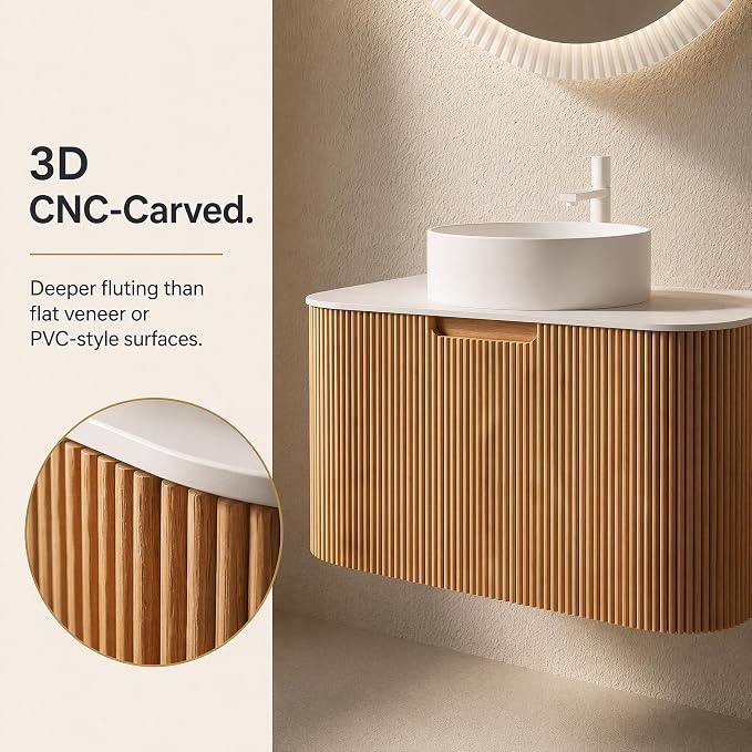 30 Inch Bathroom Vanity with Sink, Floating Wall Mounted Single Sink Vanity, Natural Woodgrain Curved Fluted Front, Stone Top, Pure White Round Vessel Basin, Pre-Assembled