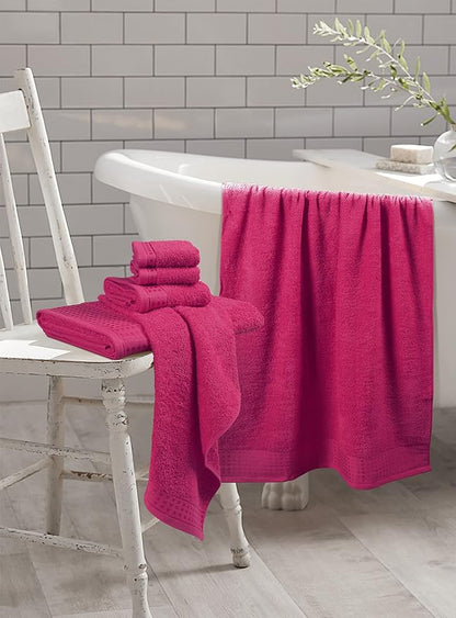 GLAMBURG 100% Cotton Ultra Soft 6 Pack Towel Set, Contains 2 Bath Towels 28x55 Inches, 2 Hand Towels 16x24 Inches & 2 Wash Coths 12x12 Inches, Compact Absorbent Lightweight & Quickdry - Hot Pink