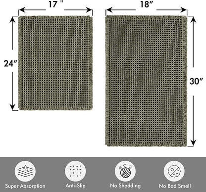 MIULEE Set of 2 Waffle Bathroom Rugs Boho Bath Mat Green 17"x24"+18"x30" | Non Slip, Super Absorbent, Washable, Ultra Soft, Rubber Backed, Small Bath Rugs for Bathroom Floor Tub Shower