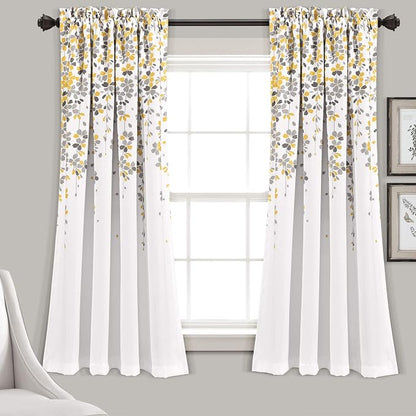 Lush Decor Weeping Flower Light Filtering Window Curtain Panels, Pair, 52"W x 63"L + 2" Header, Yellow & Gray - Charming Modern Floral Curtains for Living Room, Dining Room, & Bedroom