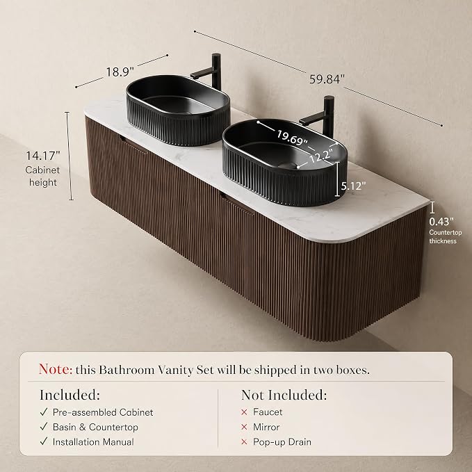 60 Inch Double Sink Bathroom Vanity, Floating Wall Mounted Cabinet, Dark Walnut Curved Fluted Front, Stone Top, Dual Black Textured Oval Vessel Basins, Pre-Assembled