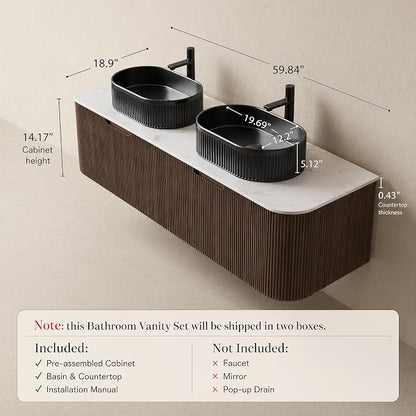 60 Inch Double Sink Bathroom Vanity, Floating Wall Mounted Cabinet, Dark Walnut Curved Fluted Front, Stone Top, Dual Black Textured Oval Vessel Basins, Pre-Assembled