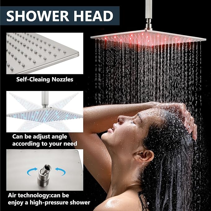 Aolemi Ceiling Shower Faucet Set with Handheld 16" LED Head Brushed Nickel | Handheld Spray,16 Inch Rain LED Head,Shower Valve and Trim Kit,All Metal,Ceiling System,Bathroom Mixer