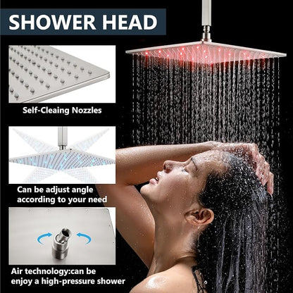 Aolemi Ceiling Shower Faucet Set with Handheld 16" LED Head Brushed Nickel | Handheld Spray,16 Inch Rain LED Head,Shower Valve and Trim Kit,All Metal,Ceiling System,Bathroom Mixer