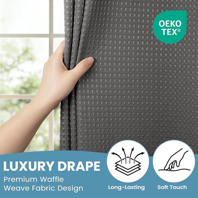 SORTTO No Hook Shower Curtain with Snap in Liner Set Waffle Shower Curtain for Bathroom Hotel Style Fabric Waterproof Inner Liner，71" W x 74" H, Dark Grey