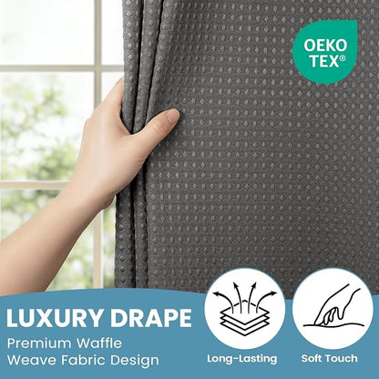 SORTTO No Hook Shower Curtain with Snap in Liner Set Waffle Shower Curtain for Bathroom Hotel Style Fabric Waterproof Inner Liner，71" W x 74" H, Dark Grey