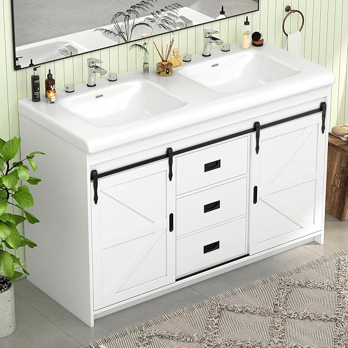 48" Bathroom Vanity with Double Sink, Bathroom Vanities with 2 Sliding Drawers and 4 Storage Shelves, Farmhouse Bathroom Vanity with Sink and Countertop, Bathroom Vanity Cabinet Set