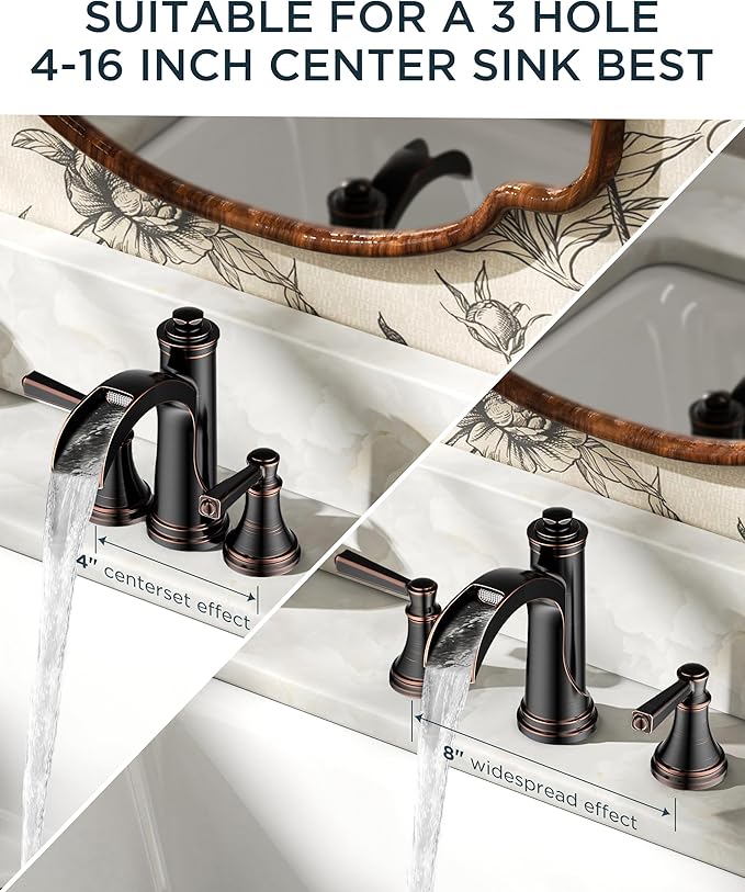 FORIOUS Oil Rubbed Bronze Bathroom Faucet 3 Hole or 8 Inch Widespread Tap, 2 Handle Brass Waterfall Faucet for Bathroom Sink 3 Hole with Mteal Pop-up Drain and CUPC Supply Line, for 6-12” ORB Vanity