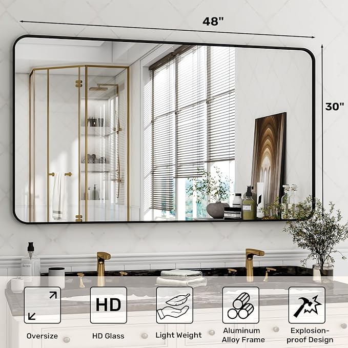 Easly 30 x 48 Inch Bathroom Mirror, Rounded Rectangular Vanity Mirror for Wall, Modern Mirror for Room Decor, Black Framed Wall-Mounted Mirrors for Home Decor, Hangs Horizontally or Vertically