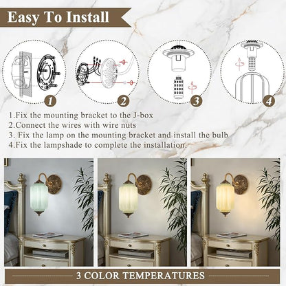 Vintage Gold Milk Glass Wall Sconce, Wall Light Set of Two - Vintage Green Shade & Brass Finish Base, Indoor Hardwired Wall Lighting Fixture for Foyers, Bedroom, etc (Bulbs Included)- Green
