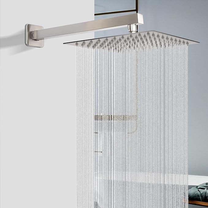 Shower Head with Extension Arm, High Pressure Square with ShowerArm, Stainless Steel Rainfall-Waterfall Full Body Coverage (10'' Shower with 16'' Arm, Brushed Nickel)