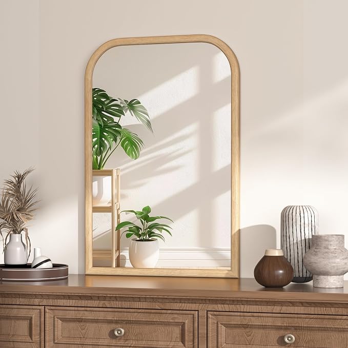 20"x30" Arch Wall Mirror for Wall, Wall Mounted Vanity Mirror for Bedroom, Wood Grain Finish Frame Mirror with Tempered Glass, Vintage Decorative for Bathroom, Entryway, Living Room, Natural
