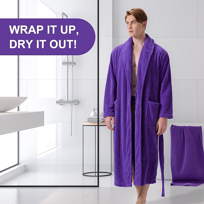 Men's Shawl Collar Bathrobe, Soft Long Towel Robe for Men - Super Absorbent Quick Dry yet Warm
