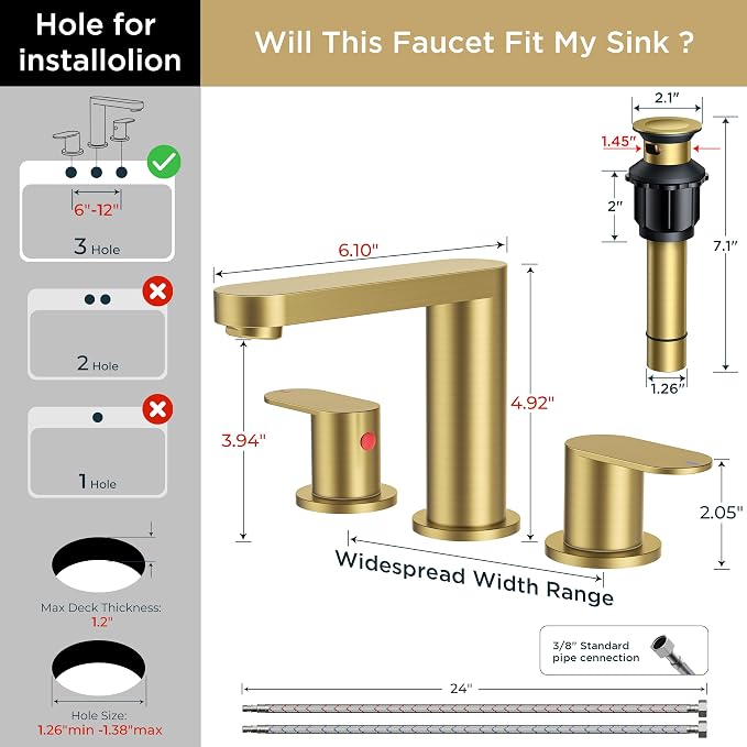 QFN Bathroom Faucet 3 Hole 8" Widespread Vanity Sink Faucet Brushed Gold | 304 Stainless Steel Bathroom Sink Faucet with Pop-up Drain, 6-12 Inch 3 Hole Install, for RV Laundry Farmhouse Restroom Sink