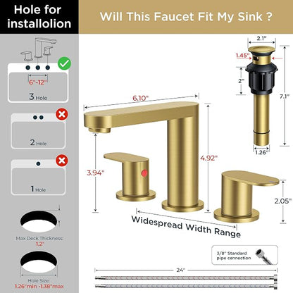 QFN Bathroom Faucet 3 Hole 8" Widespread Vanity Sink Faucet Brushed Gold | 304 Stainless Steel Bathroom Sink Faucet with Pop-up Drain, 6-12 Inch 3 Hole Install, for RV Laundry Farmhouse Restroom Sink