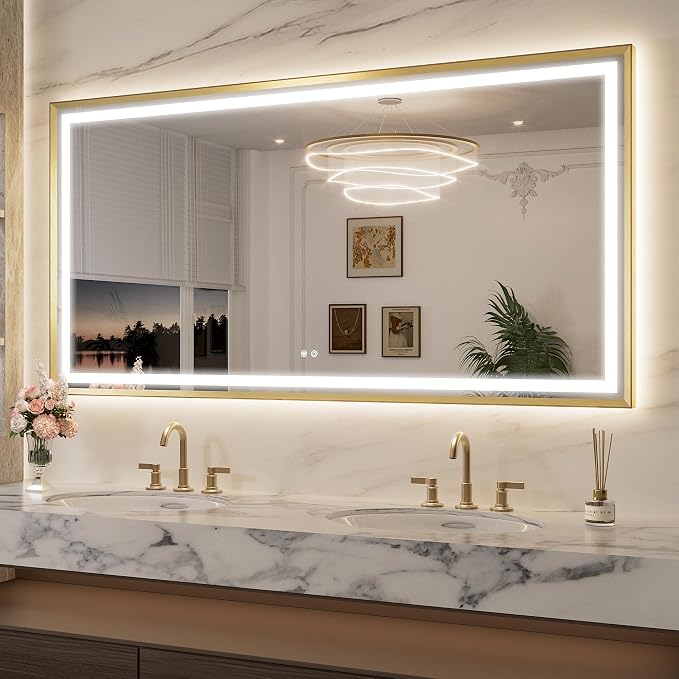 Keonjinn 72x36 Inch Gold LED Bathroom Mirror with Lights, HD Tempered Glass | Frontlit & Backlit, Large Lighted Bathroom Mirror, Beveled Edge, 3 Color Temperatures, Anti-fog, Stepless Dimmable