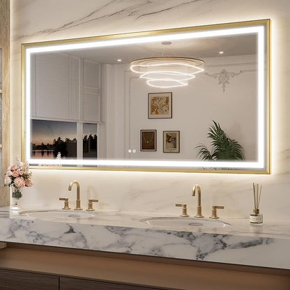 Keonjinn 72x36 Inch Gold LED Bathroom Mirror with Lights, HD Tempered Glass | Frontlit & Backlit, Large Lighted Bathroom Mirror, Beveled Edge, 3 Color Temperatures, Anti-fog, Stepless Dimmable
