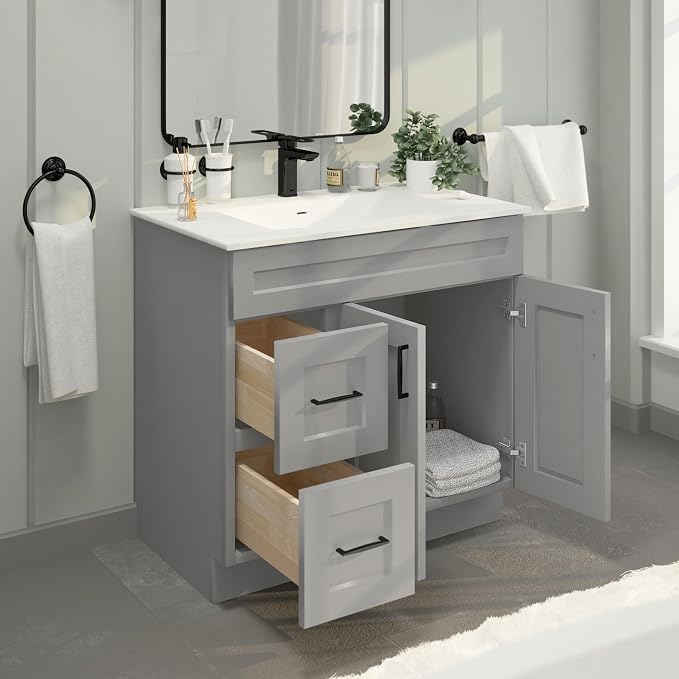 36" Light Grey Shaker Bathroom Vanity Base – Ready-to-Assemble Sink Cabinet with Drawers, Freestanding Bathroom Vanity Base Only, No Top or Sink