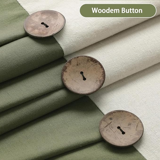 Farmhouse Shower Curtain Linen Button Cream-Green 72" W x 72" L | Farmhouse Style, Chic Button, Striped, Linen Fabric, Rustic, Country, Natural Look, Washable, for Bathroom Bathtub