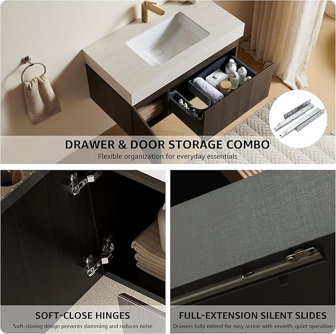 30” Floating Bathroom Vanity with Sink, Wall-Mounted Cabinet with Drawer & Doors, Roma Travertine-Pattern Countertop, Undermount Basin, Single Faucet Hole, Soft-Close, Pre-Assembled, Dark Oak