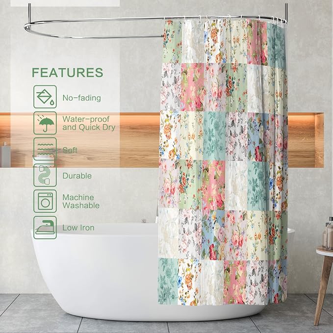 Boho Shower Curtain Patchwork Floral, Vintage Flowers Shower Curtain for Bathroom, Retro Shabby Chic Cottagecore Floral Shower Curtains Polyester Waterproof Farmhouse Decor Bath Curtains