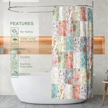 Boho Shower Curtain Patchwork Floral, Vintage Flowers Shower Curtain for Bathroom, Retro Shabby Chic Cottagecore Floral Shower Curtains Polyester Waterproof Farmhouse Decor Bath Curtains