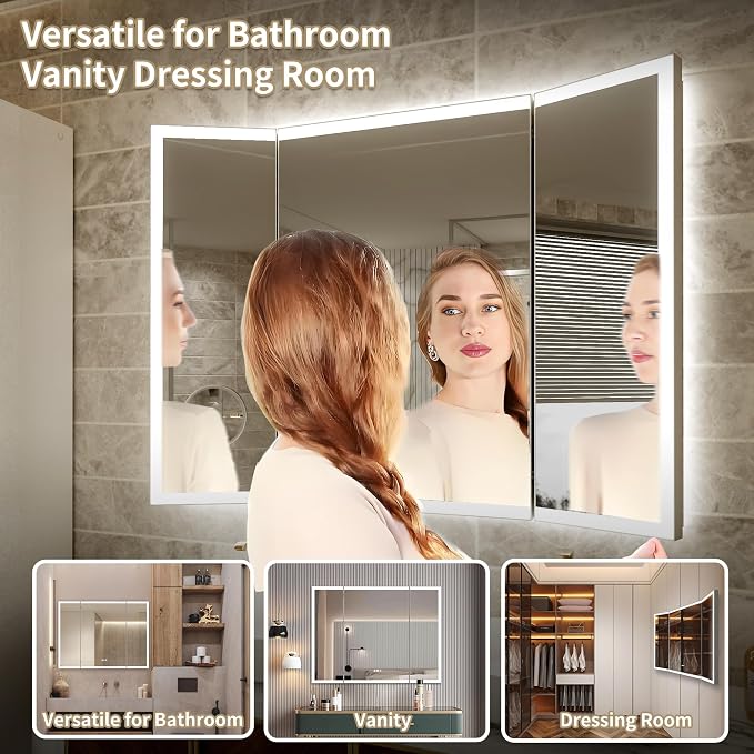 48"x36" Trifold LED Bathroom Mirror with Lights & Removable Magnifier, 180° Foldable, Front & Back Lit, Stepless Dimming, Adjustable Color Temperatures, Anti-Fog, Wall Mounted
