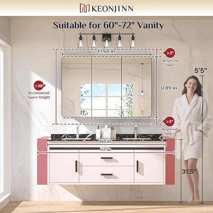 Keonjinn 48 x 32 Inch Large Black Medicine Cabinets, Recessed Bathroom Medicine Cabinet, Black Stainless Steel Framed, Sturdy & Heavy, Adjustable Shelves, Oversized Bathroom Mirror with Storage