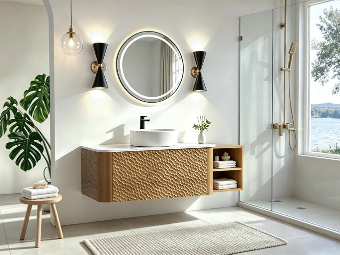 48 Inch Modern Bathroom Vanity with Ceramic Sink, Floating Bathroom Sink Cabinet with Sintered Stone Top&Solid Wood Hammered Frame, Single Bathroom Vanities w/Soft-Close Drawer&IDE Open Cube
